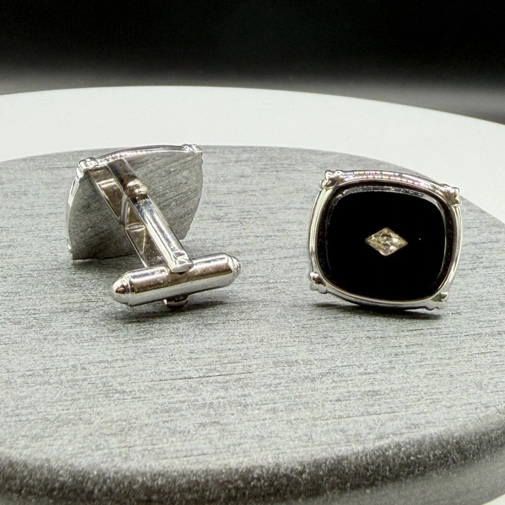 Black Stone Cufflinks Silver Tone Square Rhinestone Formal Wedding Gift for Him